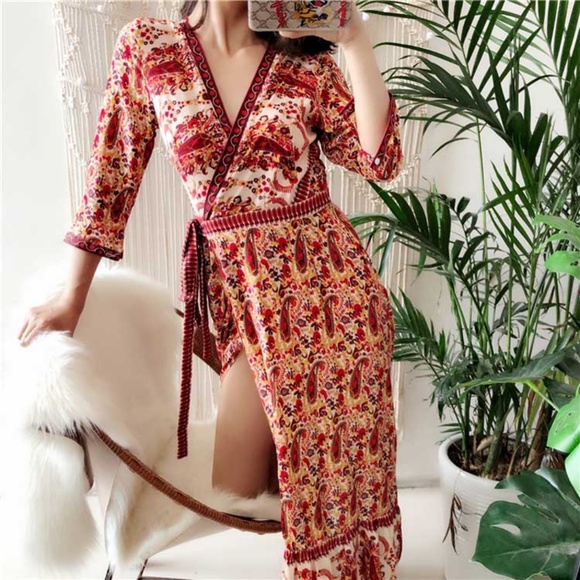 red boho floral print 3/4 sleeve wrap maxi dress - Picture 8 of 8
